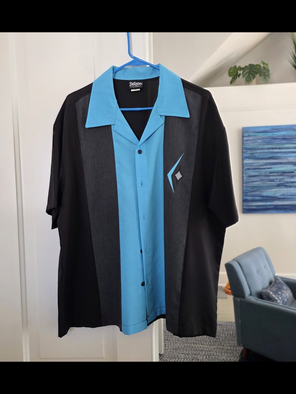 Retro 50s Blue & Black Panel Short-Sleeve Men’s Shirt L